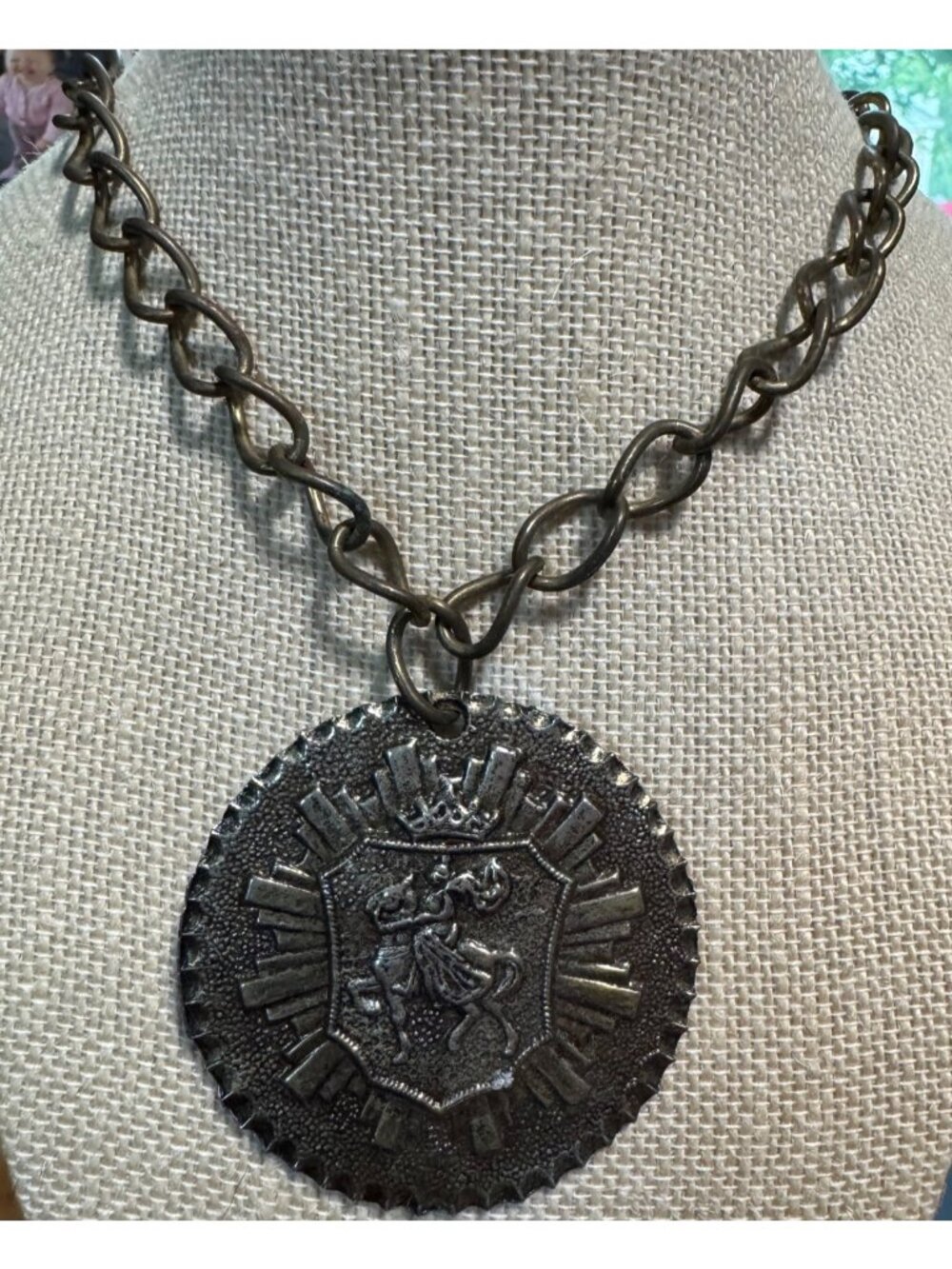 Medieval-Inspired Pendant Necklace With Large Chain & Knight Crest Design 2-Inch